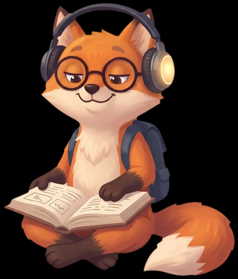 Finn, el zorro con gafas, escucha la historia con auriculares.