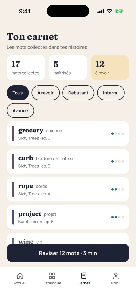 Le carnet de mots, avec les mots collectés dans les histoires.