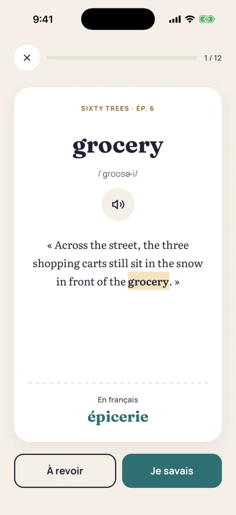La révision du mot « grocery » : sa traduction, avec « À revoir » et « Je savais ».