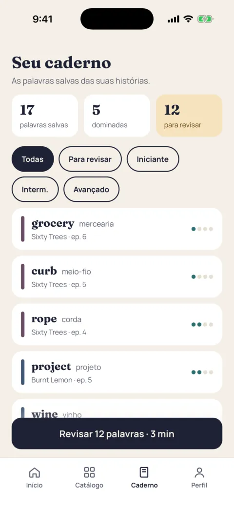 O caderno de palavras, com as palavras reunidas nas histórias.