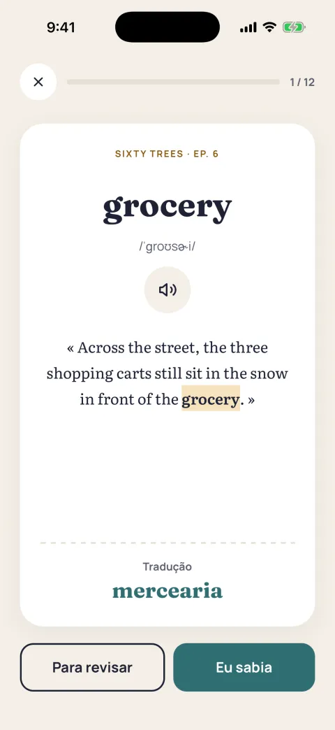 A revisão da palavra “grocery”: a tradução, com “Para revisar” e “Eu sabia”.