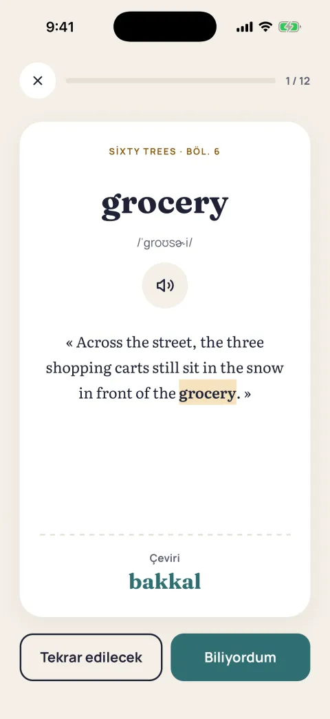 “grocery” kelimesinin tekrarı: çevirisi, “Tekrar edilecek” ve “Biliyordum” düğmeleriyle.